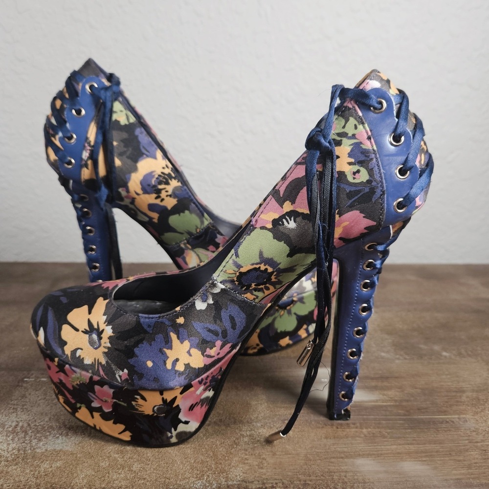 Alba Floral Lace Up Platform Pumps Blue Multi Color Stiletto Heels Womens 7.5 - Picture 3 of 12
